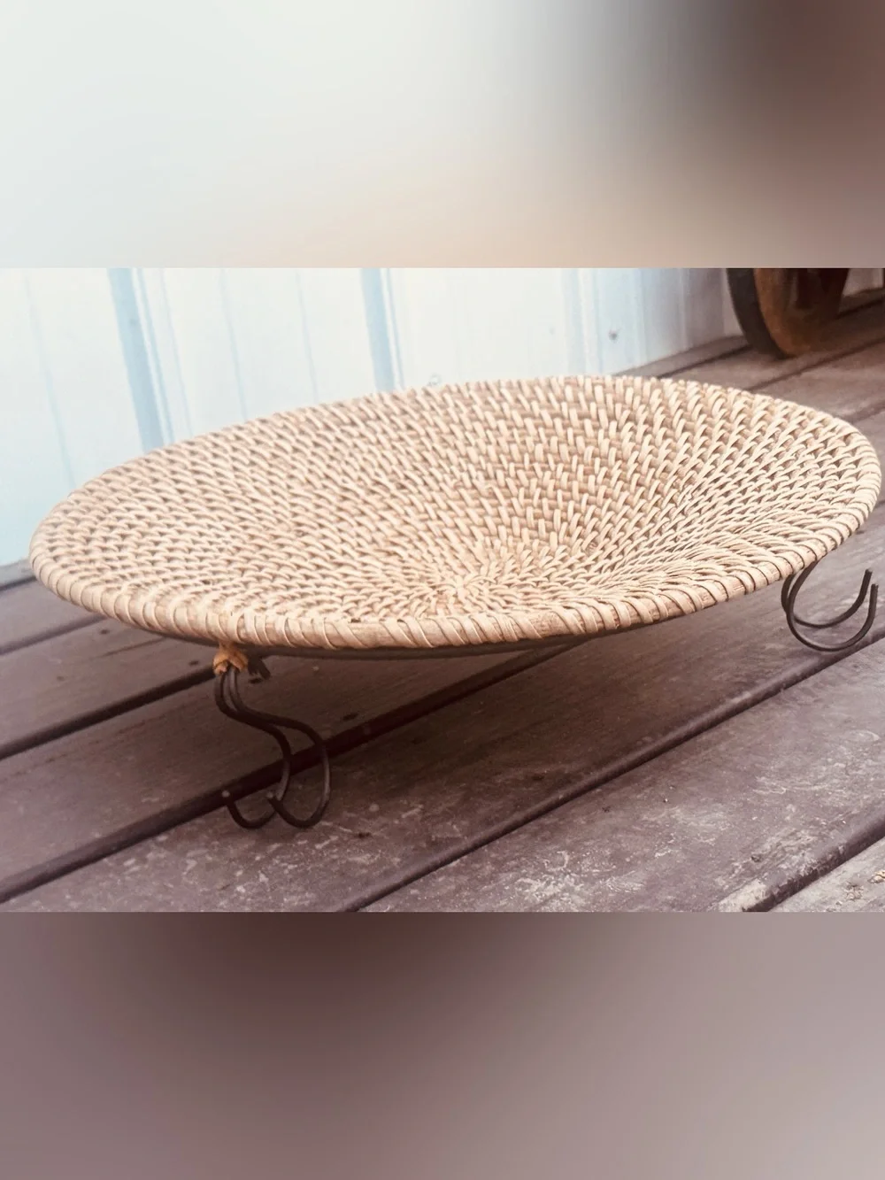 Woven Rustic Decorative Basket Tray in Natural Beige w/ Black Metal Legs